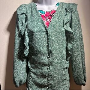 Lauren Conrad Green White Long Sleeve Button Down Blouse